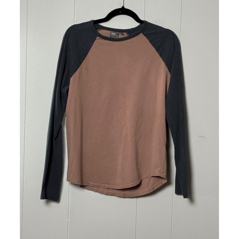 ASOS Mens Raglan Long Sleeve T-Shirt Tan Grey Colorblock Curved Hem Size M